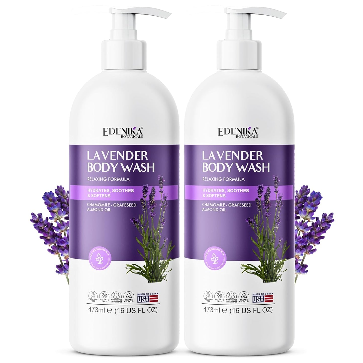 Edenika Lavender Body Wash - Vitamin E Infused, Moisturizing & Relaxing Shower Gel | 16 fl oz, 2-Pack