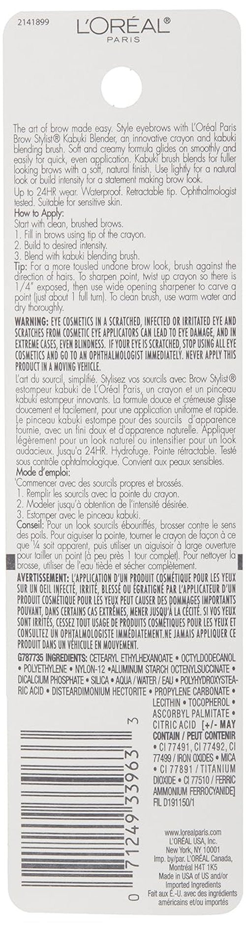 L'Oréal Paris Brow Stylist Kabuki Blender | Dark Brunette Brow Crayon - 0.05 oz for Perfect Brows