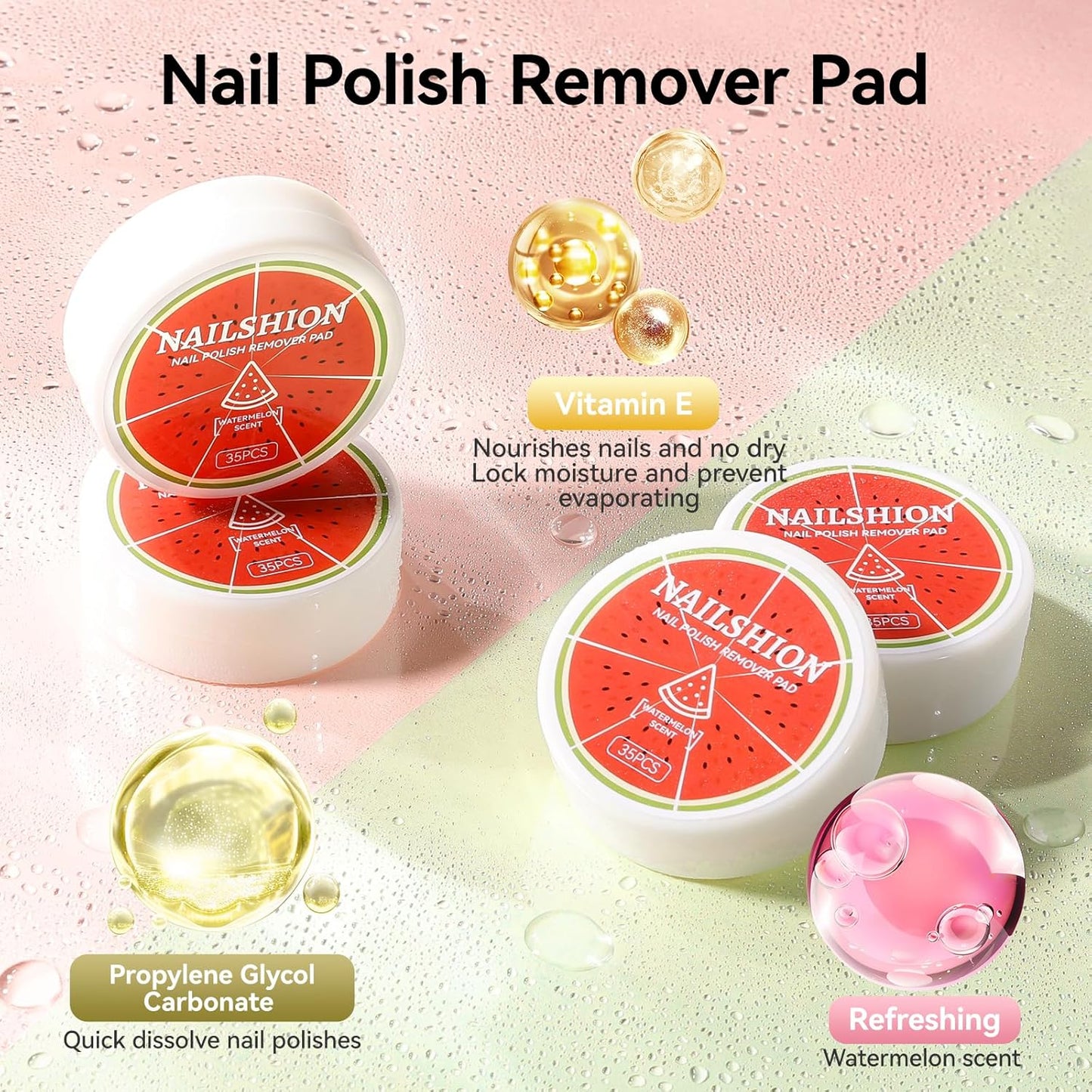 VE Nail Polish Remover Pads - 140 Non-Acetone Wipes | Quick 3-5s Removal | Moisturizing Watermelon Scent