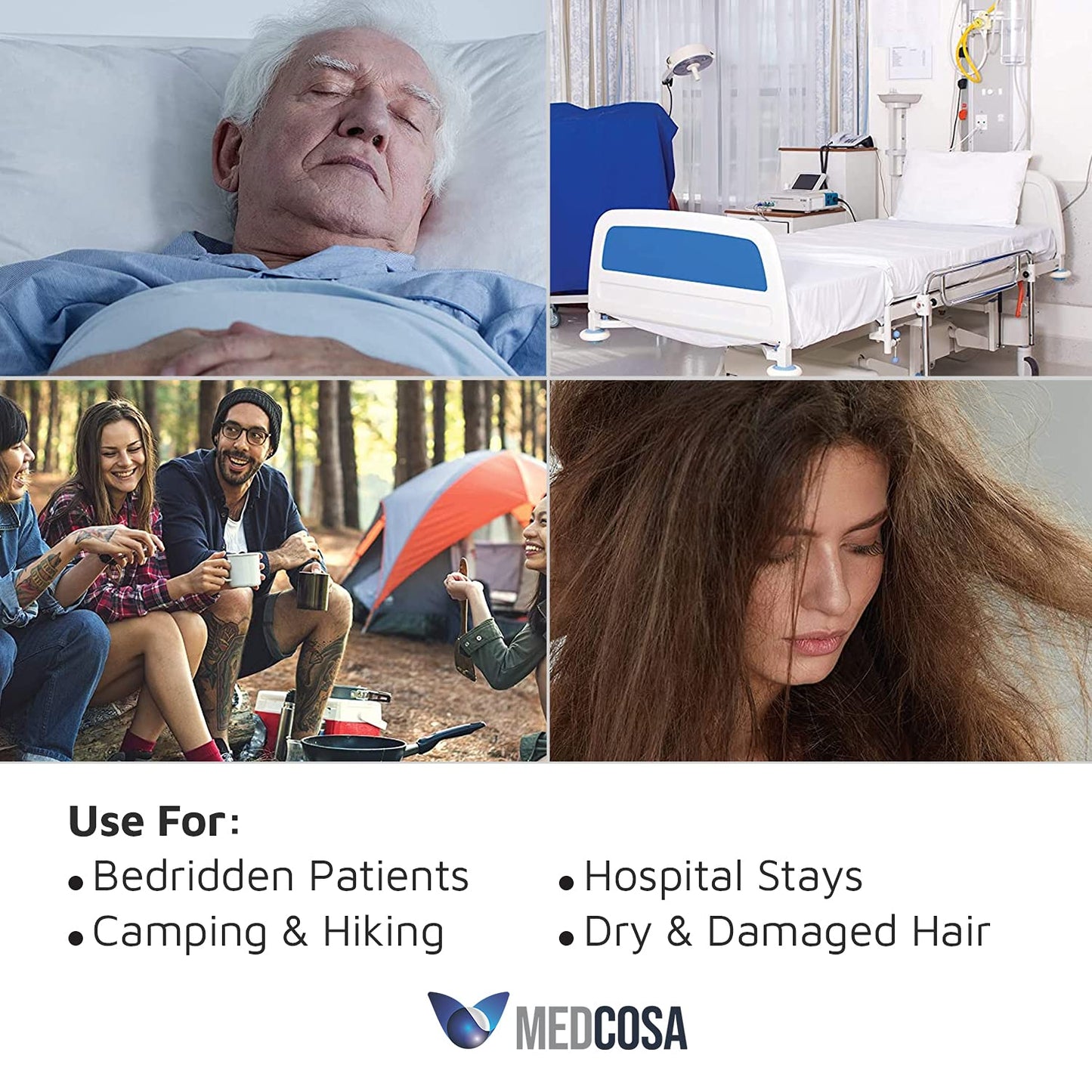 Medcosa No Rinse Shampoo Caps - Waterless Shampoo and Conditioner Hair Wash Cap - Dry Hair Washing Aids with Aloe Vera and Vitamins - Pack of 5 Rinse Free No Water Shower Caps