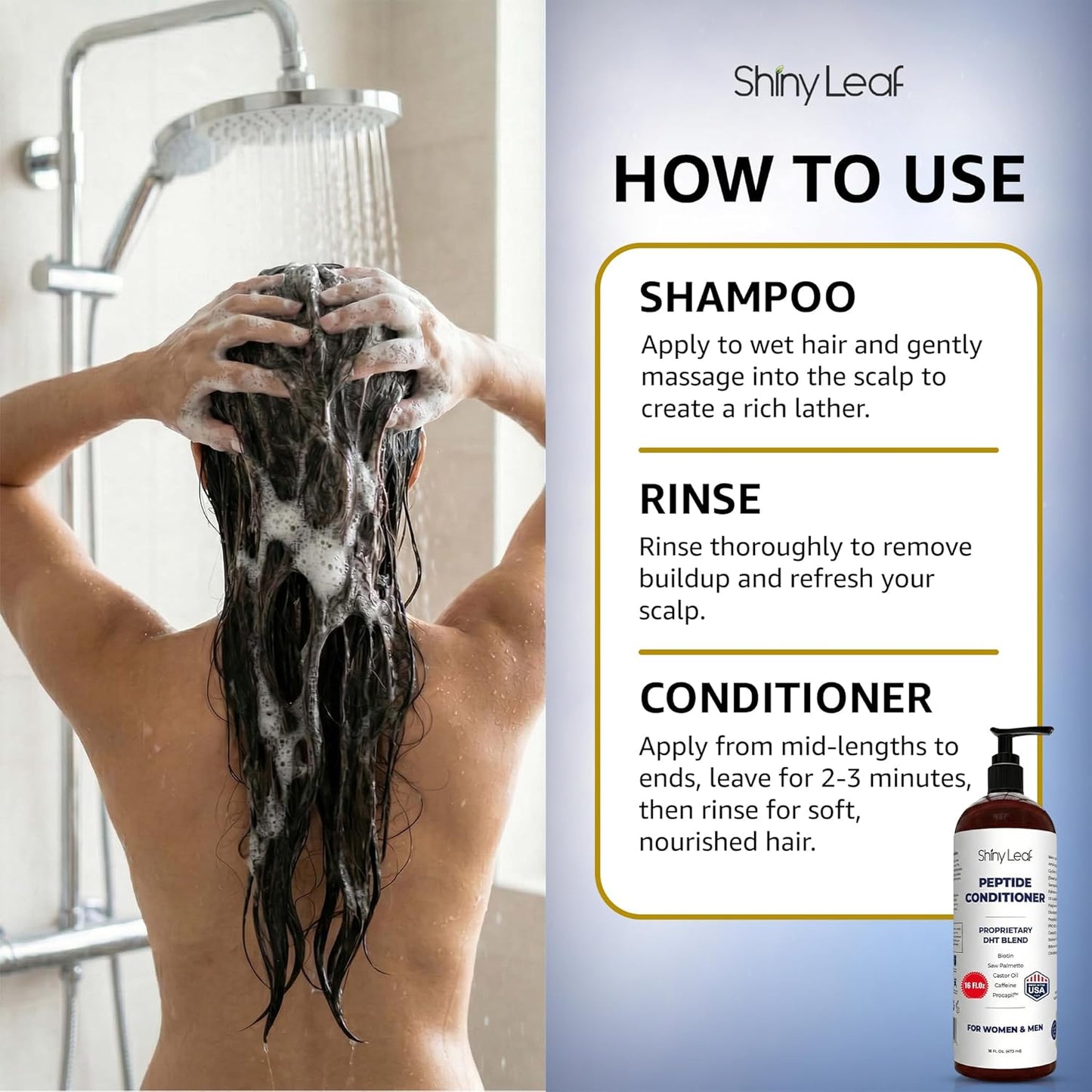 Shiny Leaf Peptide Conditioner - DHT Blocker with Biotin & Caffeine - Sulfate-Free Thickening Formula, 16 fl oz