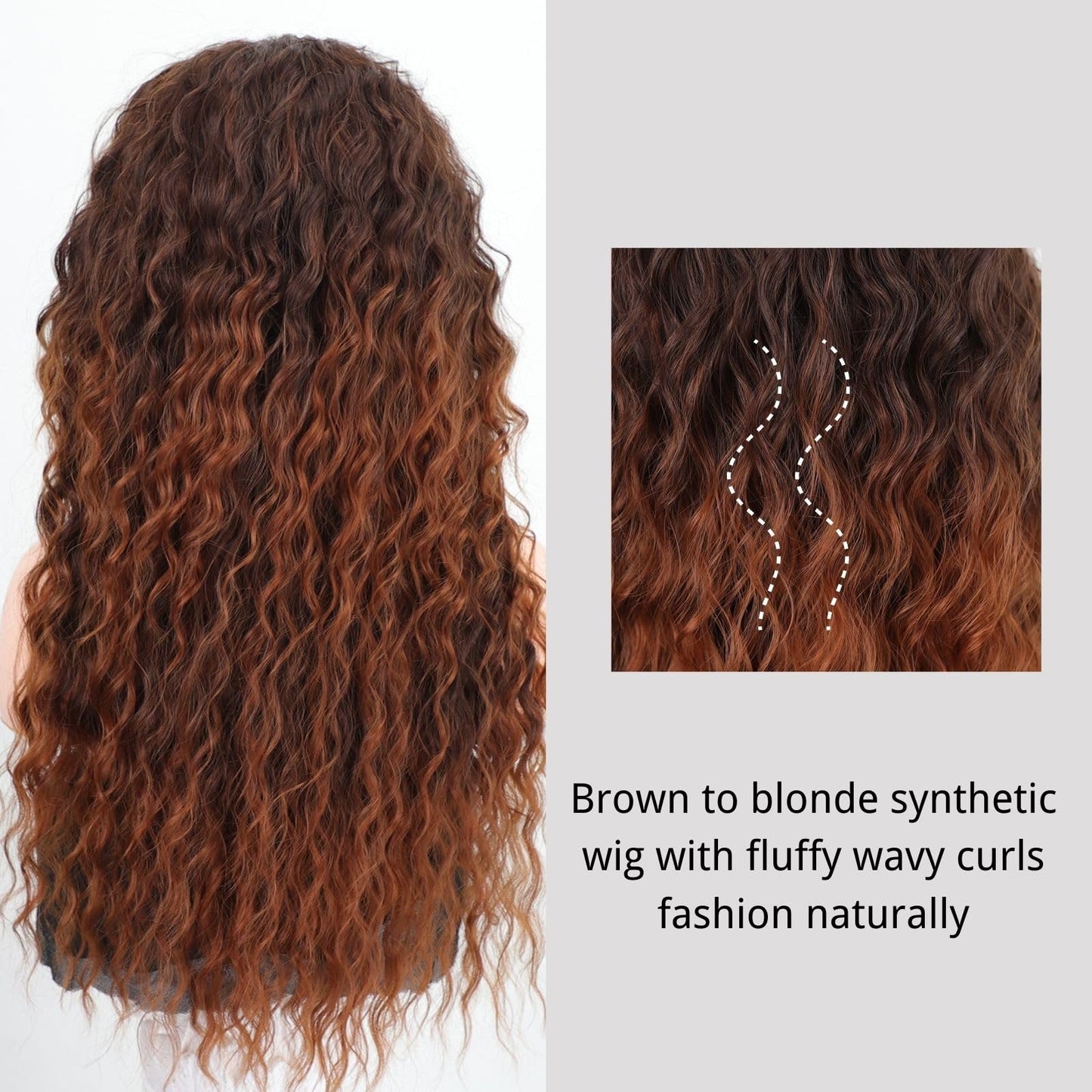 Fencca Brown Ombre Blonde Long Curly Wigs for Women Heat Synthetic Free Part Wave Curly Wig Strawberry Blonde Loose Curly Wigs for Daily Party