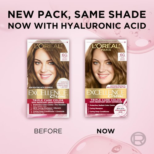 L'Oreal Paris Excellence Crème Permanent Hair Dye, Triple Care Hair Color with Hyaluronic Acid for 100% Gray Coverage, 6G Light Golden Brown, 1 Kit (Packaging May Vary)