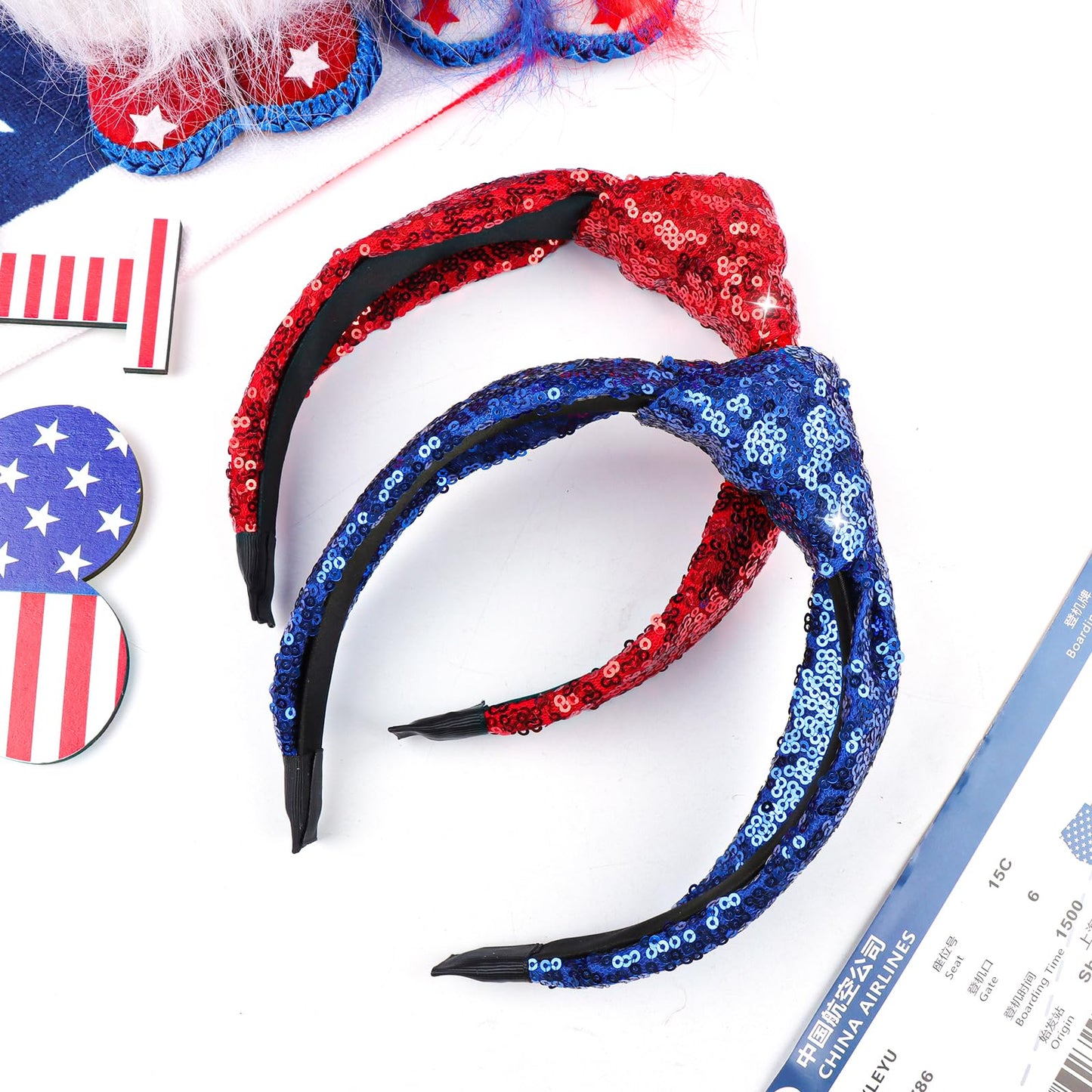 Lanmerry Knotted Headbands for Women 4th of July Girls Hair Accessories Glitter Sparkly Headbands Patriotic Red Blue Headband Sequin Girls Hairband Cute Kids Headband