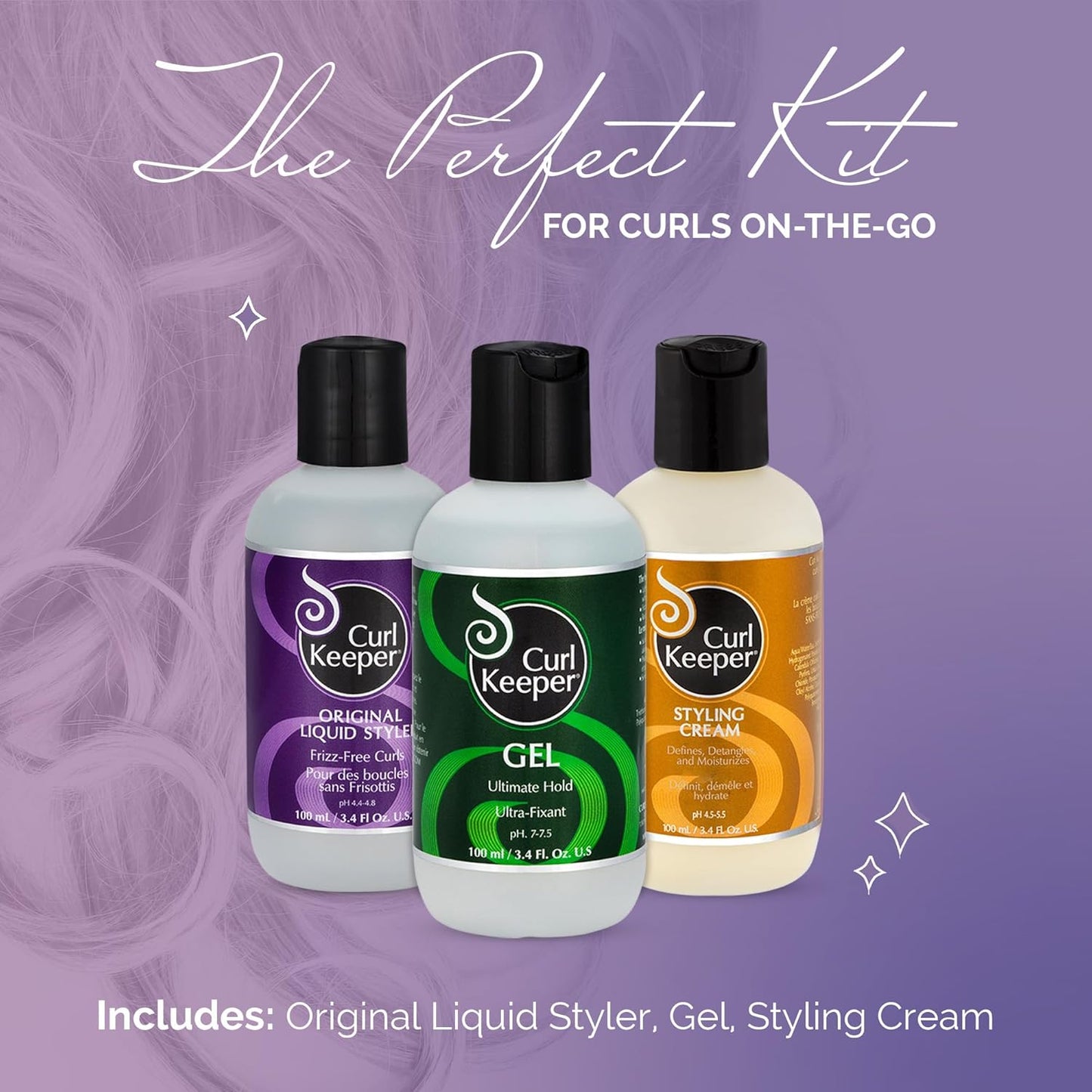 Curl Keeper Tight Curl Starter Kit for Coily Hair - Travel Size Set Includes Original Liquid Styler, Silk Shampoo, Silk Conditioner & Styling Cream - Maximum Definition & Shine with Zero Frizz