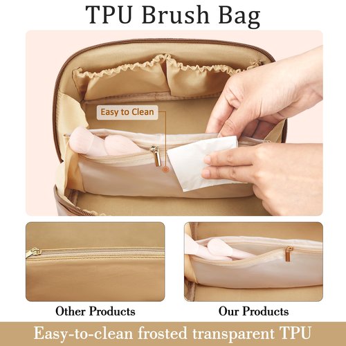 CLOUDWINGS Initial Makeup Bag Gifts for Women Bridesmaid Gifts Travel Toiletry Personalized PU Leather Waterproof Cosmetic Bag (Medium-Beige-A)