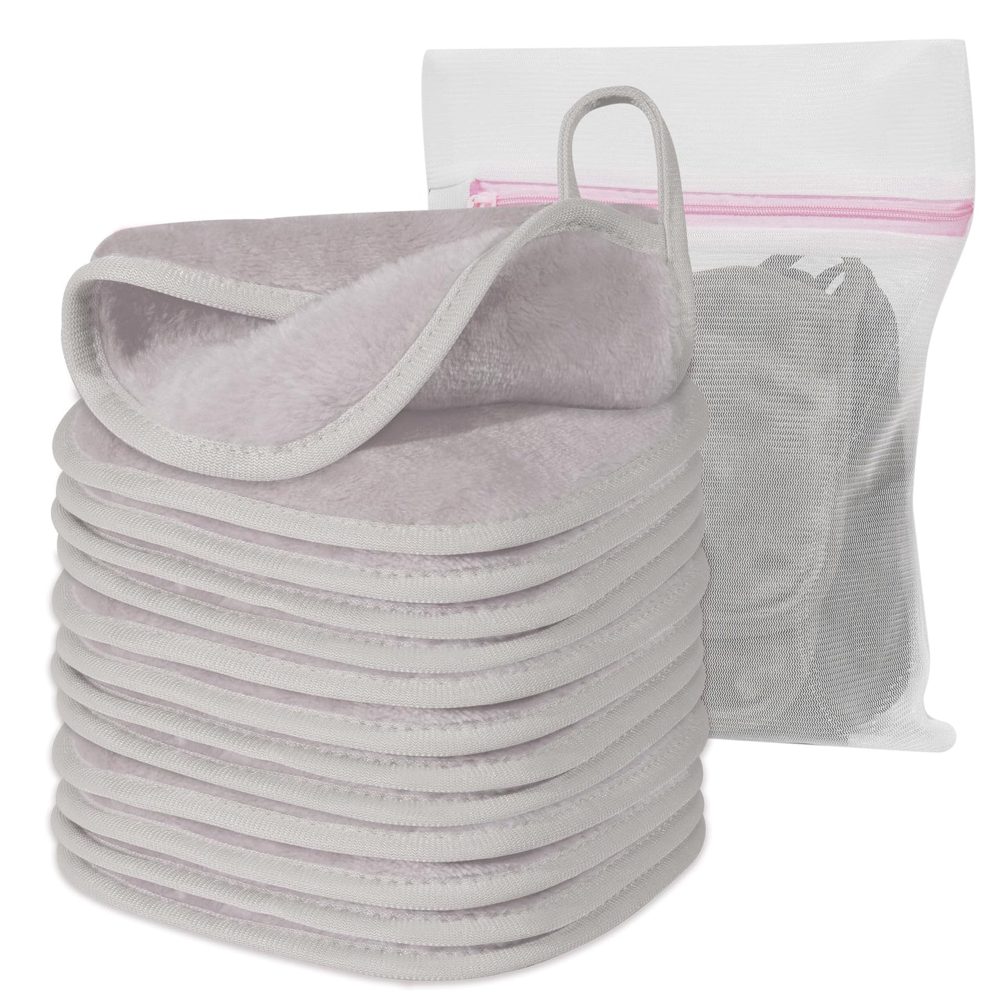 Natwag Makeup Remover Cloth, 6" x 6" Make Up Towels Reusable Face Cloth for Washing Face, 12 Pack Makeup Remover Pads Microfiber Face Washcloth with Mesh Bag, Light Grey