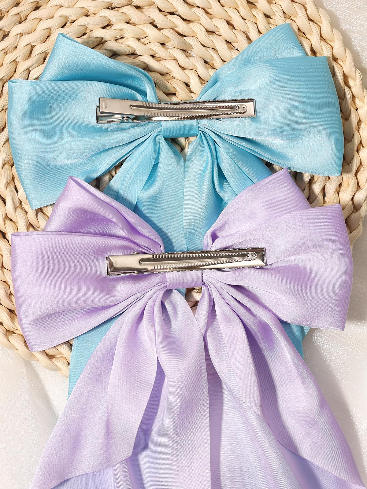 Furling Pompoms Hair Bows Clips for Women Large Bow Clip for Girls Satin Long Tails with Alligator Clips Big Hair Bow Hair Accessories (Blue Lilac)