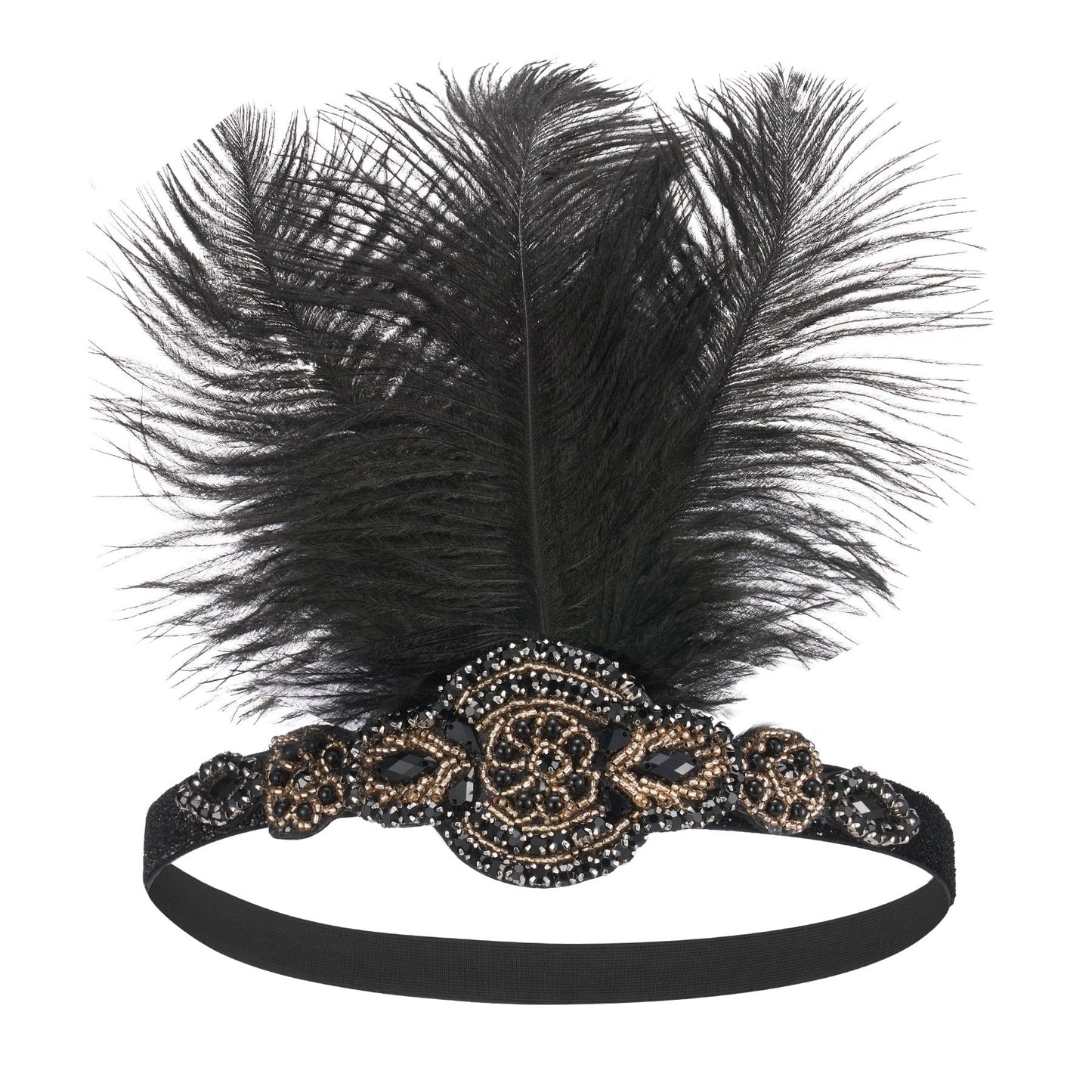 SWEETV 1920s Headpiece Flapper Headband, Feather Rhinestone Roaring 20s Great Gatsby Hair Accessories for Women,Gold