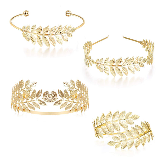 FUNRUN JEWELRY 4PCS Greek Goddess Headband Arm Cuff Bridal Jewelry Set Roman Laurel Leaf Branch Crown Armlet Upper Arm Band Bracelet for Women Party