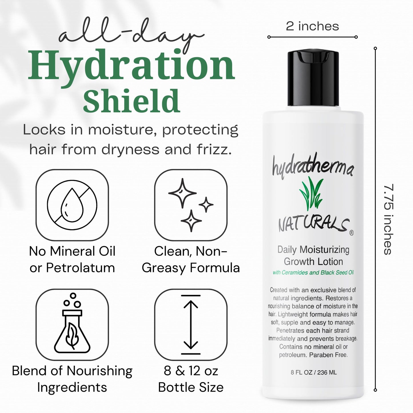 Hydratherma Naturals Daily Moisturizing Growth Lotion 8 oz. - For Thick, Curly, Coily, and Wavy Hair - Excellent for Chemically Treated or Natural Hair - Prevents Breakage and Shedding