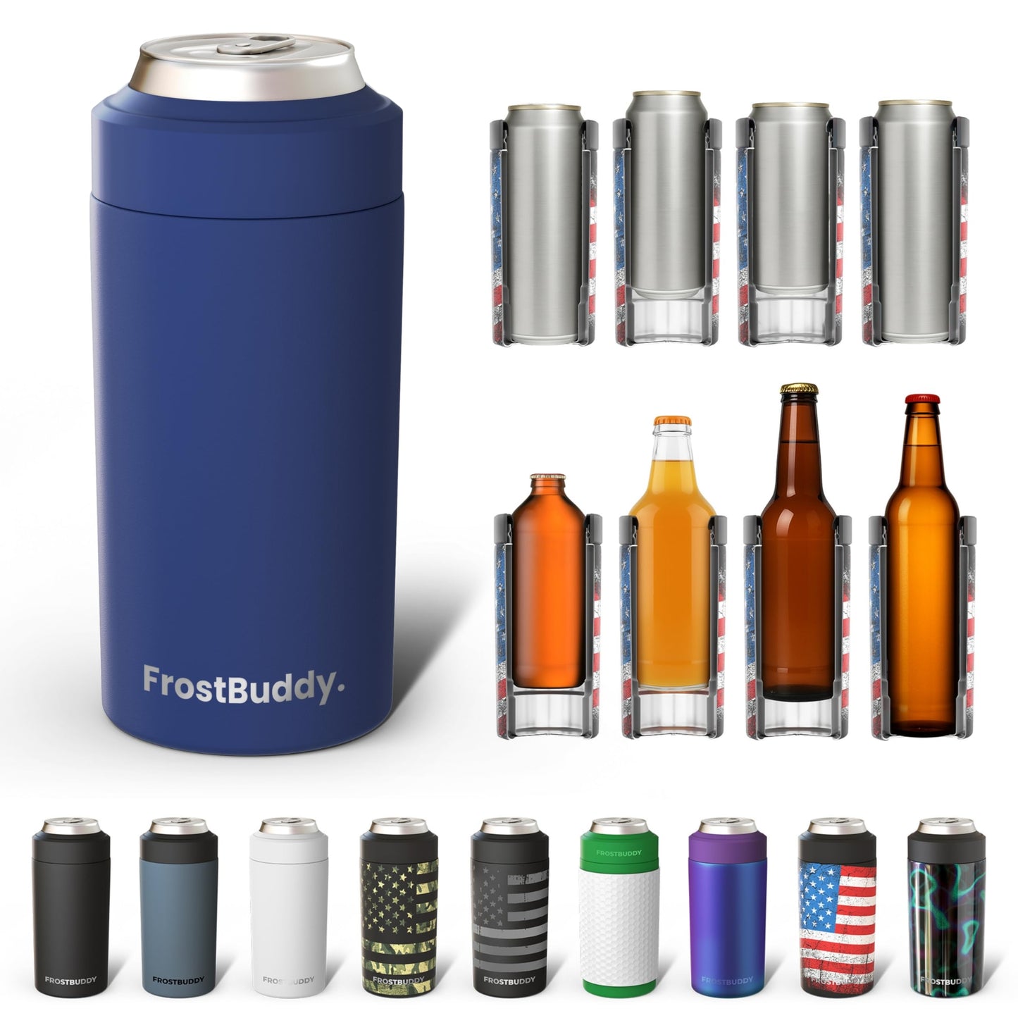 Frost Buddy Universal Buddy Can Cooler - Fits All - For Regular 12 & 16 oz or Slim-Size Bottles - Insulated Double -Walled Stainless Steel (All white)