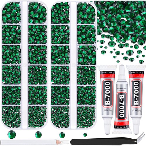 12100Pcs Resin Rhinestones for Crafting with 3Pcs 10ml B7000 Jewelry Glue, 2 Boxes Flatback Crystals Diomand (Emerald Green) for Bedazzling Crafts DIY Nail Art，Non Hotfix Gems for Clothing Shoes