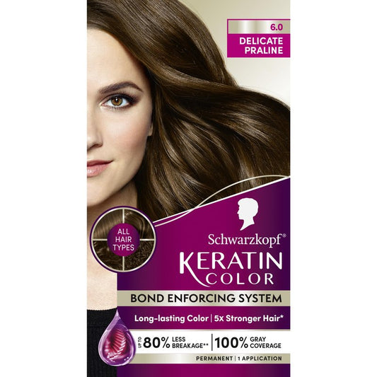 Schwarzkopf Keratin Permanent Hair Dye Cream, 6.0 Delicate Praline, Professional Quality Color for Up to 100% Gray Coverage, Bond Enforcing System