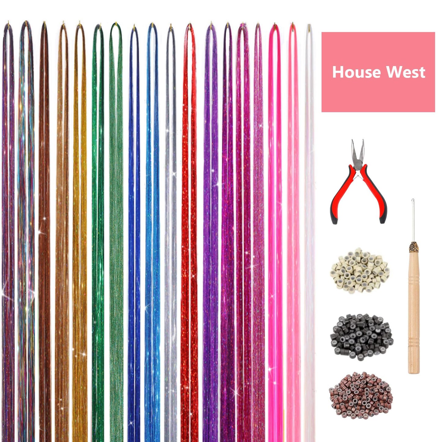 House West Hair Tinsel Kit, 48inch 18 Vibrant Colors 4000 Strands Heat Resistant Hair Tinsel, With Tinsel Hair Tools(Included Silicone Micro Rings, Crochet, Extensions Pliers)