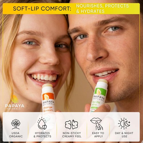 Papaya Naturals Organic Lip Balm Set - 6 Pack of Moisturizing Beeswax & Cocoa Butter Balms | Assorted Fruit Flavors