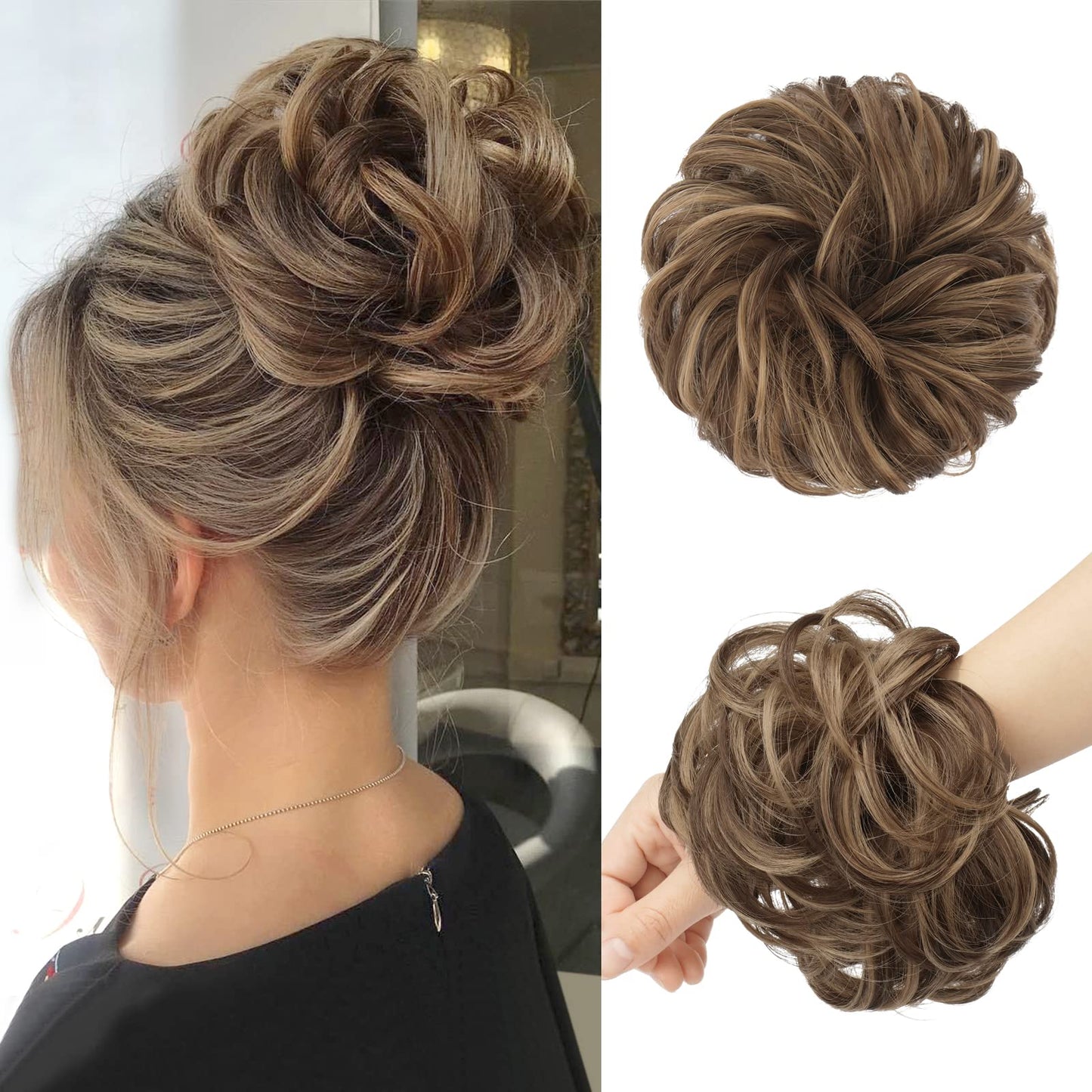 FESHFEN Messy Bun Hair Piece Curly Wavy Large Hair Bun Scrunchies Extensions Light Ash Brown Mixed Golden Brown Synthetic Tousled Updo Hairpieces for Women Girls