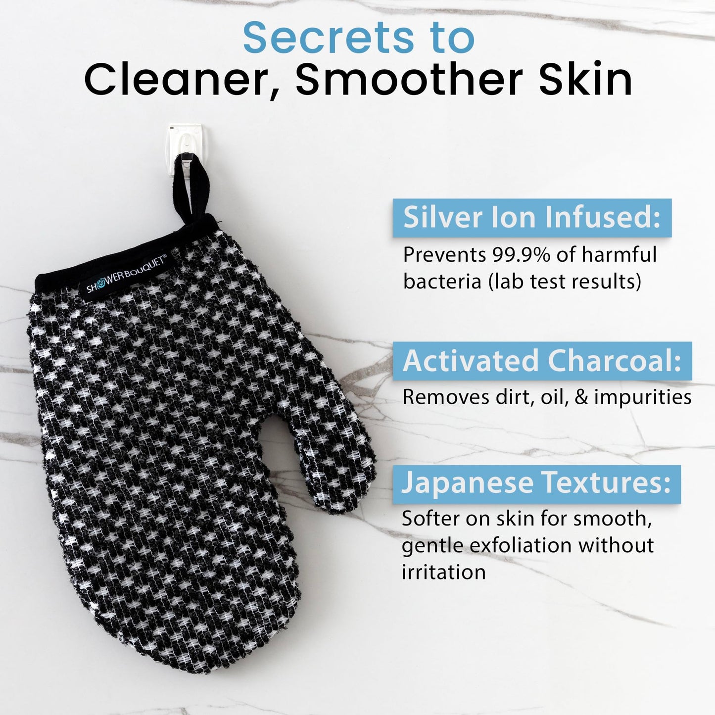 Japanese Exfoliating Mitt for Shower [1-Pack, White] - Charcoal & Silver Ion Exfoliating Glove - Gentle Exfoliation & Deep Cleansing Shower Mitt - Exfoliating Body Scrubber Glove, Soft Fabric Inside