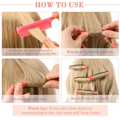 WILLBOND 36 Pieces Cold Wave Rod Hair Perm Rods Hair Rollers Perming Curlers with Steel Rat Tail Comb for Hairdressing Styling