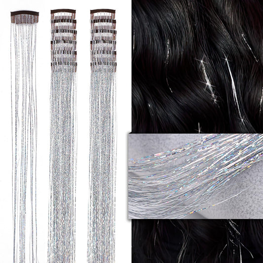 LANCAINI Clip-in Hair Tinsel Extensions Pack of 12 clips 20 Inch, Silver Glitter Tinsel Hair Extensions, Festival Gift Tinsel Fairy Hair Extension Party Dazzle for Women Girls Kids