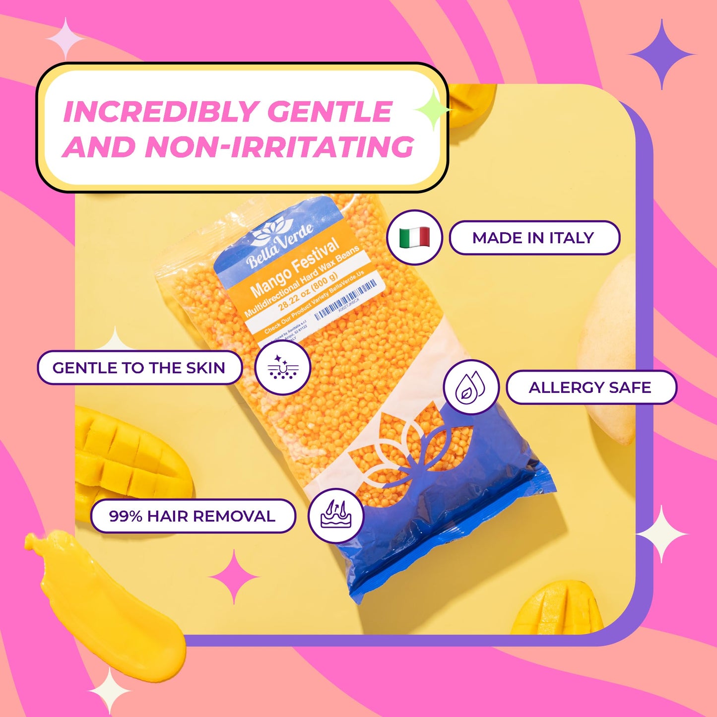 Bella Verde Hard Wax Beads for Hair Removal 1.76 Pounds - Waxing Beads - Mango Bikini Brazilian Wax Beads - Facial Body Wax Beads - for Sensitive Skin