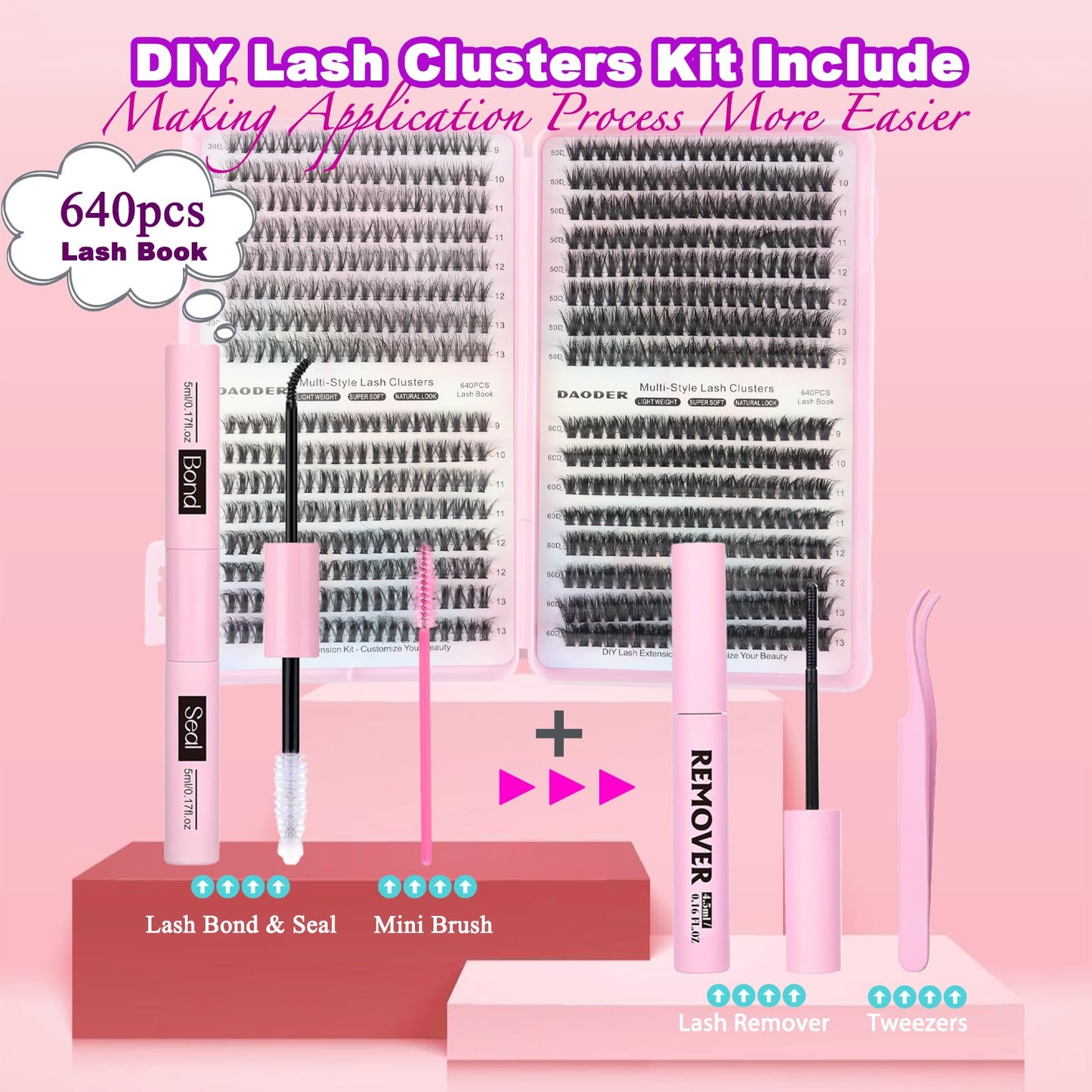 DAODER Wispy Lash Extension Kit 640Pcs Cluster Lashes Natural Look, Short Lash Clusters Kit 9-13mm 30D 40D 50D 60D D Curl Individual Lashes Kit with Lash Bond Seal Remover (30D+40D+50D+60D Kit 9-13mm)