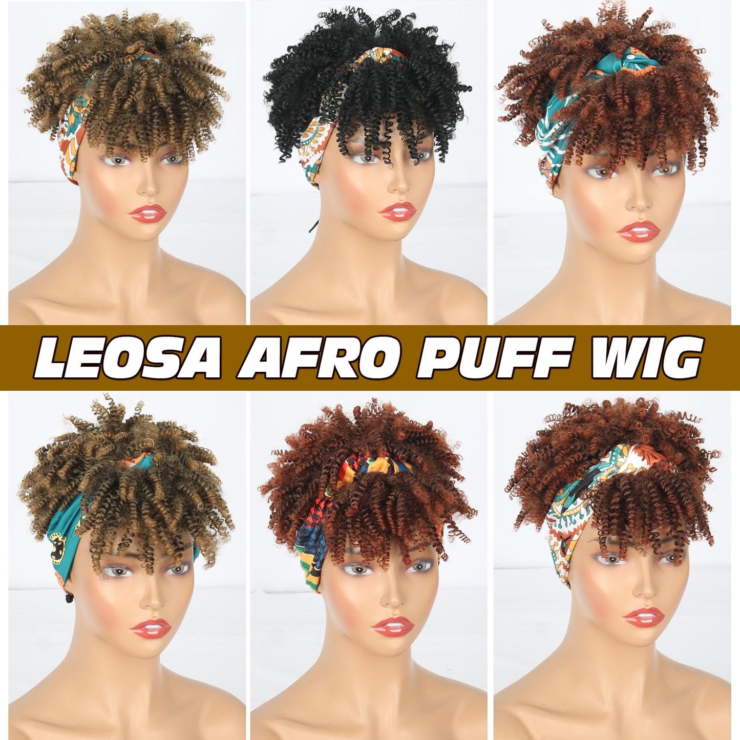 LEOSA Black Afro Curly Headband Wig with Bangs Short Afro Headband Wigs for Black Women Scarf Wigs Black Wig with Headband Attached Headwrap Wigs Natural Wig Headbands for Kinky Curly Hair Wigs