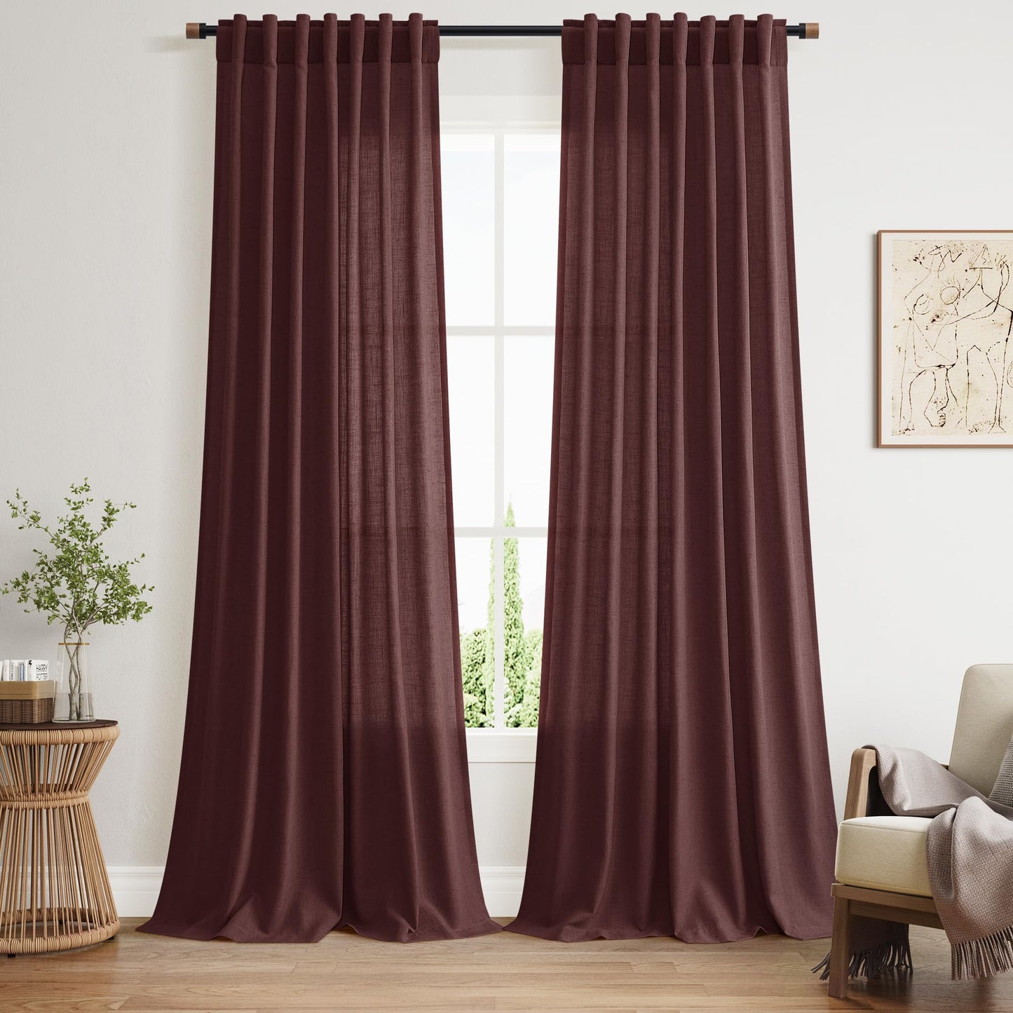 Nanspring Natural Linen Curtains for Kitchen Windows Over Sink - Cafe Curtain Semi Sheer with Rod Pocket and Back Tab Lightweight Rustic Textured Bistro Curtains for Bathroom, 2 Panels 25 x 24 Inch