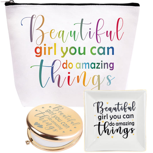 VeryMerryMakering Beautiful Girl You Can Do Amazing Things, Inspirational Gifts for Women, Amazing Gifts for Teen Girls, Beautiful Gift Makeup Bag, Inspirational Jewelry Dish, Amazing Mirror