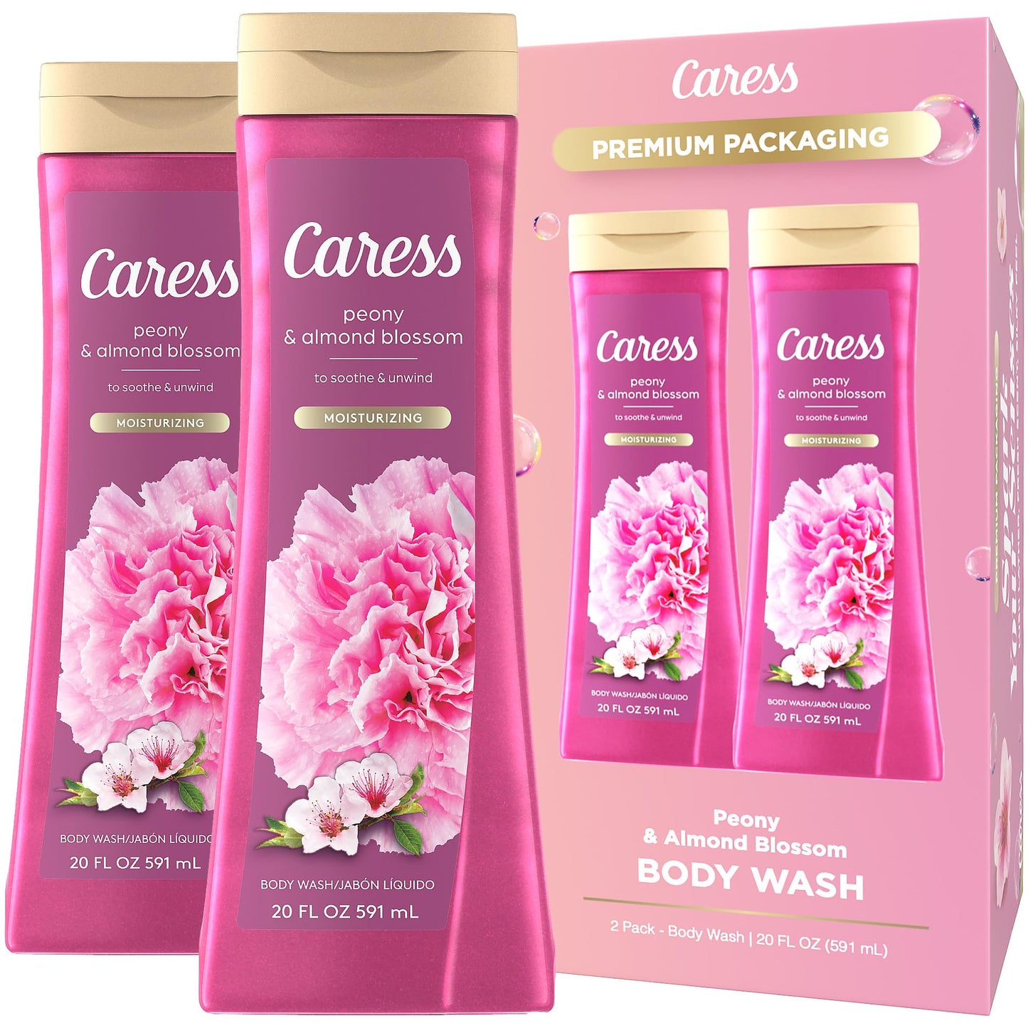 Caress Moisturizing Peony & Almond Blossom Body Wash for Fresh, Smooth Skin, Body Soap to Soothe & Unwind, 20 Fl Oz (Pack of 2)
