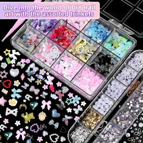 3D Nail Charms Set, Color Flower Bow Moon Heart Star Nail Art Charms, Half Round Pearl & Flatback Gems AB, Hollow Butterfly Alloy Nail Art Supplies DIY Accessories