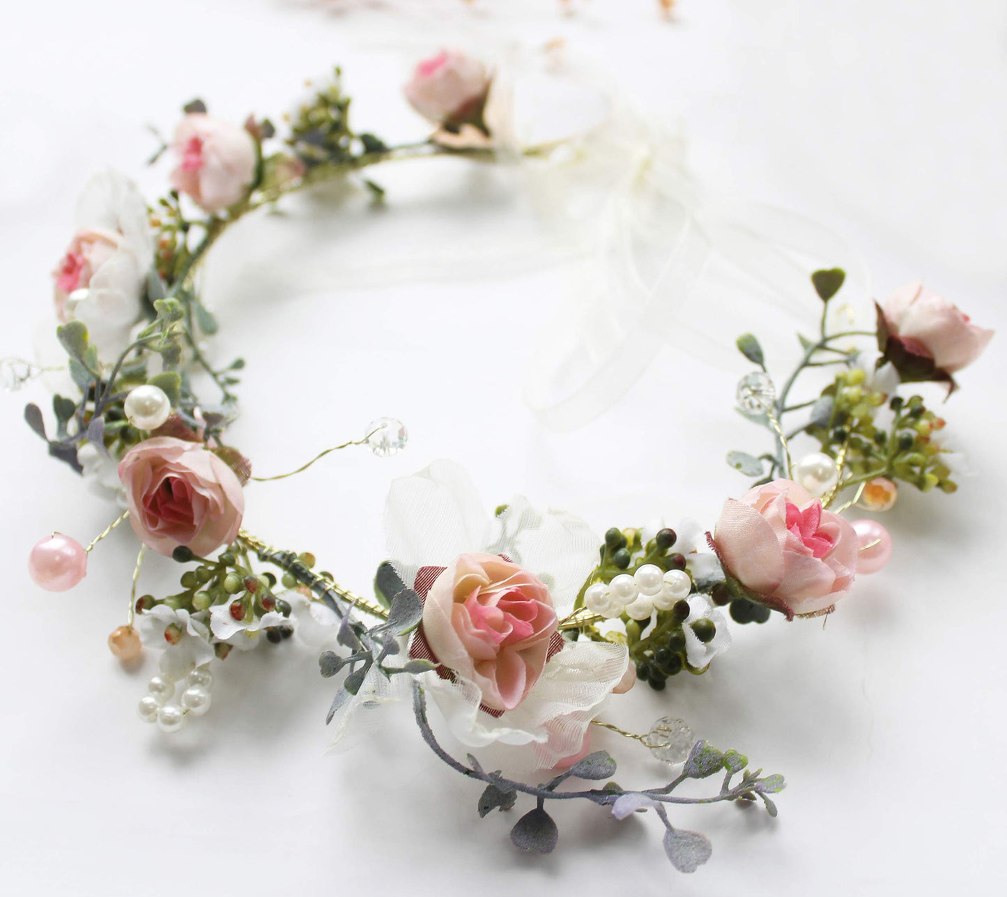 LLinfflr Rose Flower Crown Boho Flower Headband Hair Wreath Floral Halo Headpiece with Ribbon Wedding Party Pink