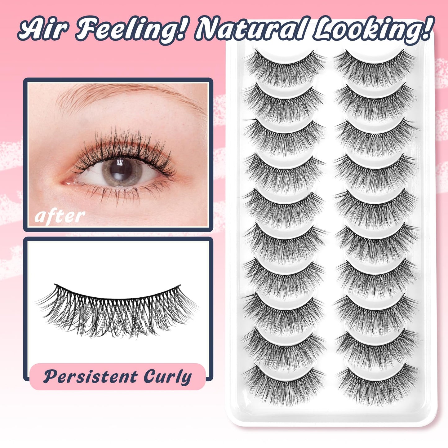 Natural Lashes Wispy False Eyelashes Short Lashes Soft Strip Lashes C Curl Eye Lashes Natural 10mm Short Eyelashes 10 Pair Eye Lashes Pack Siligli