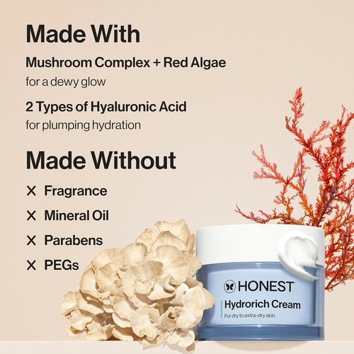 Honest Beauty Hydrorich Cream - Hyaluronic Acid & Mushroom Complex for Dry Skin | Vegan & Hypoallergenic