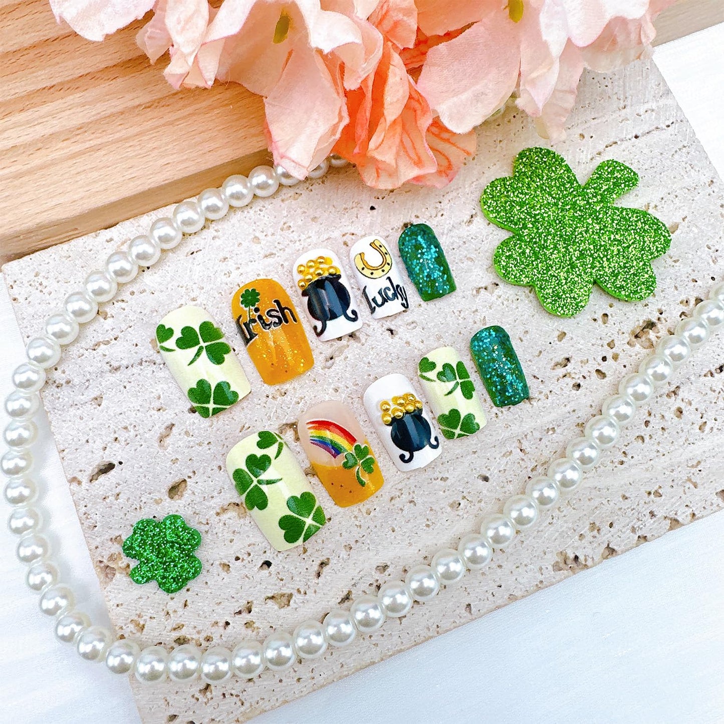24Pcs St Patrick's Day Press on Nails Short Square Gold French Tip Fake Nails with Gold Rhinestones Horseshoe Rainbow Shamrocks False Nails St Patricks Day Acrylic Nails Irish Stick on Nails for Women