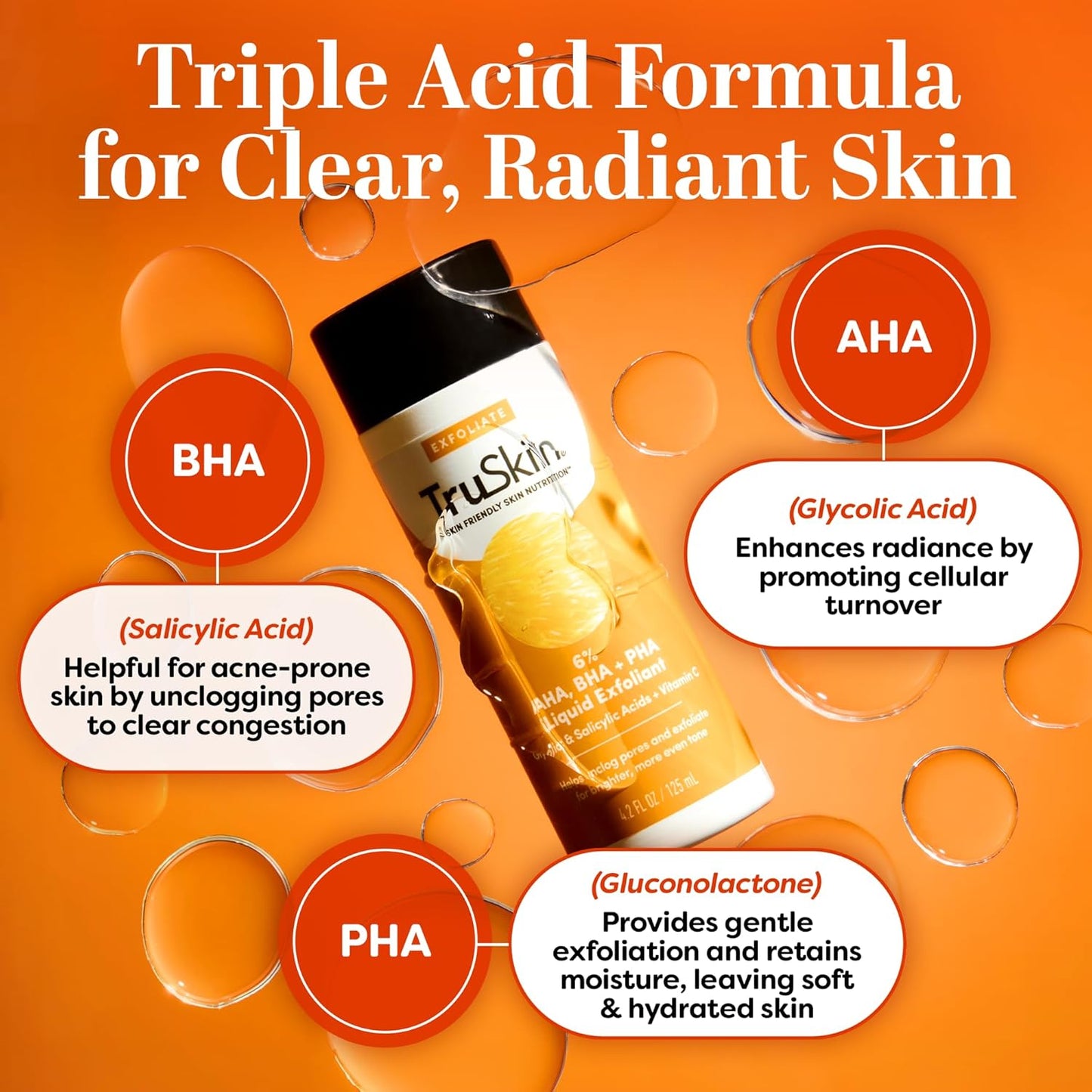 TruSkin BHA Liquid Exfoliant & Toner - Triple Acid AHA BHA PHA Formula with Salicylic & Vitamin C | 4.2 fl oz