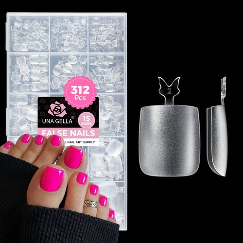UNA GELLA Square Toe Nail Tips Big Long 312Pcs 15Sizes, Full Cover Soft Gel Toes Nail Tip Pre-etched Fake Acrylic Toe Nail Press Ons For Big Toes Nail Extensions Pedicure Home DIY Nails Salon Soak Off
