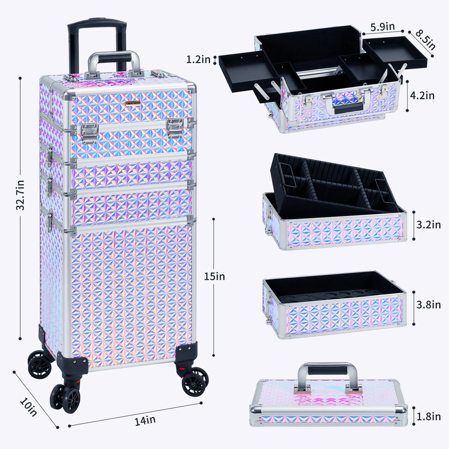 JINGUAN Rolling Makeup Train Case Large Storage Cosmetic Trolley 5 in 1 Large Capacity Trolley Makeup Travel Case with Key Swivel Wheels Salon Barber Case Traveling Cart Trunk, Silver