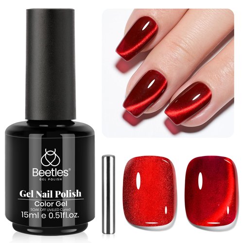 beetles Gel Polish Ruby Red Cat Eye Gel Nail Polish - 15ML Red Cat Eye Glitter Gel Polish Magnetic Shimmer Effect Soak Off UV French Nail Art Design Salon DIY Manicure Gifts for Women