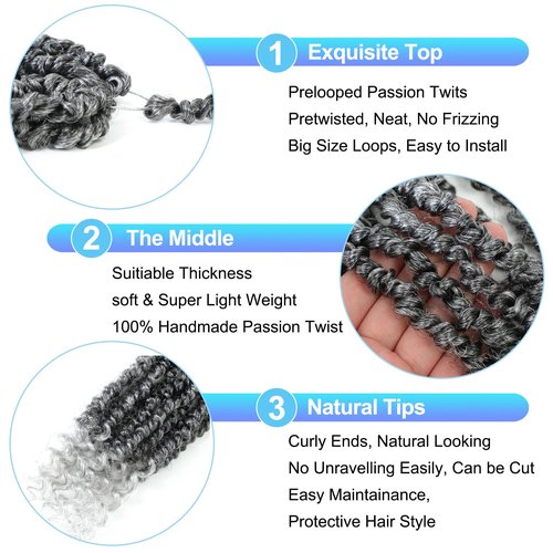 Grey Passion Twist Crochet Hair,12 Inch 9 Packs Pretwisted Passion Twist Hair, Soft Pre Looped and Pre twist Crochet Hair For Women，Short Curly Crochet Braids(12",9bundles,1B/Gray#)