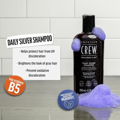 American Crew Daily Silver Shampoo - Removes Brassy Tones, Naturally Derived Vegan Formula, 8.4 Fl Oz