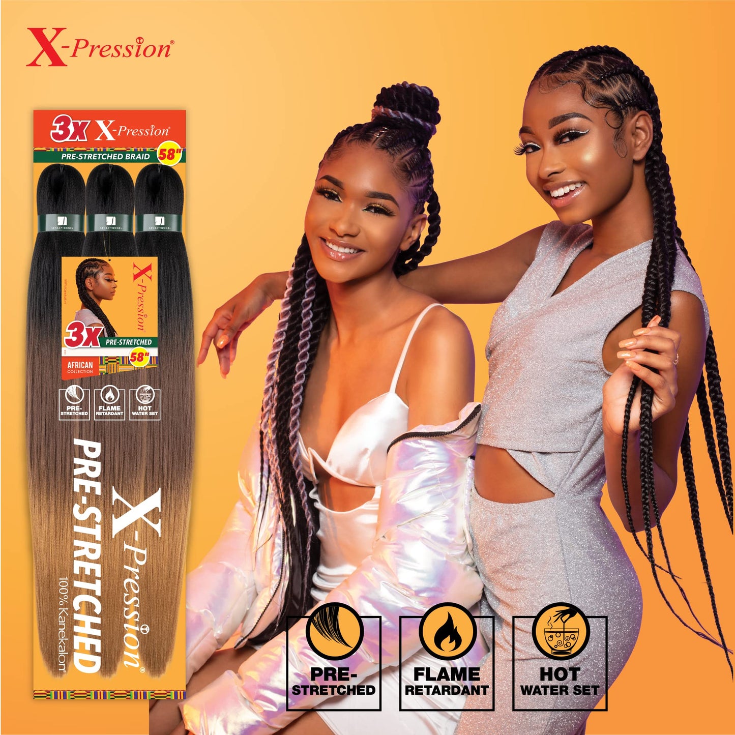 Sensationnel Xpression prestretched braiding hair - 3x xpression 58-inch flame retardant smooth yaki braid - 3x x-pression 58 inch (1 pack, T1B/30)