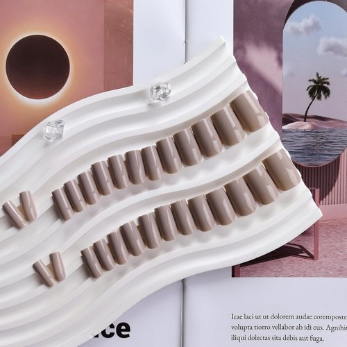 KQueenest Light Gray Press On Nails Medium Square - Acrylic Press On Nails with Glue, Nude Brown Coffin Short Fake Nails Press ons, Glossy Opaque, Reusable Soft Gel Glue on Nails for Women, 28 Pcs