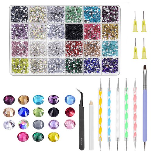 Glarks Rhinestone Gems Kit, 7300Pcs 18 Colors Rhinestones with Gems Adhesive Flat Back Gems Crystal Rhinestones with 12pcs Dotting Tools for Craft, Jewelry and Nail Art