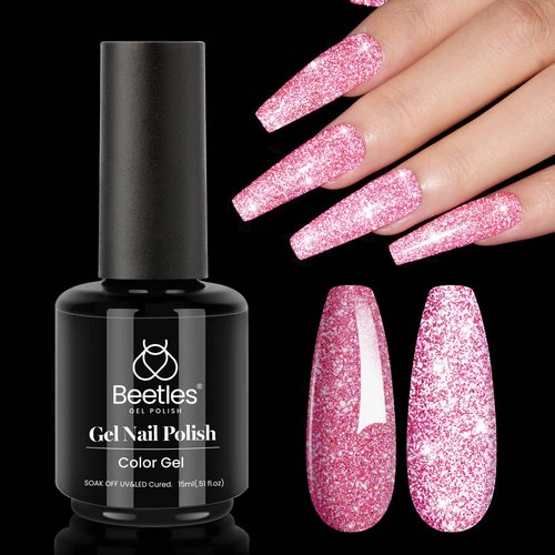 Beetles Glitter Pink Gel Polish, 1Pcs 15ml Glitter Diamond Gel, Fairy Kisses Hot Pink Nails Soak Off Sparkle Pink Polish Uv Nail Lamp Nails Art Manicure Salon DIY Spring Gift for Women