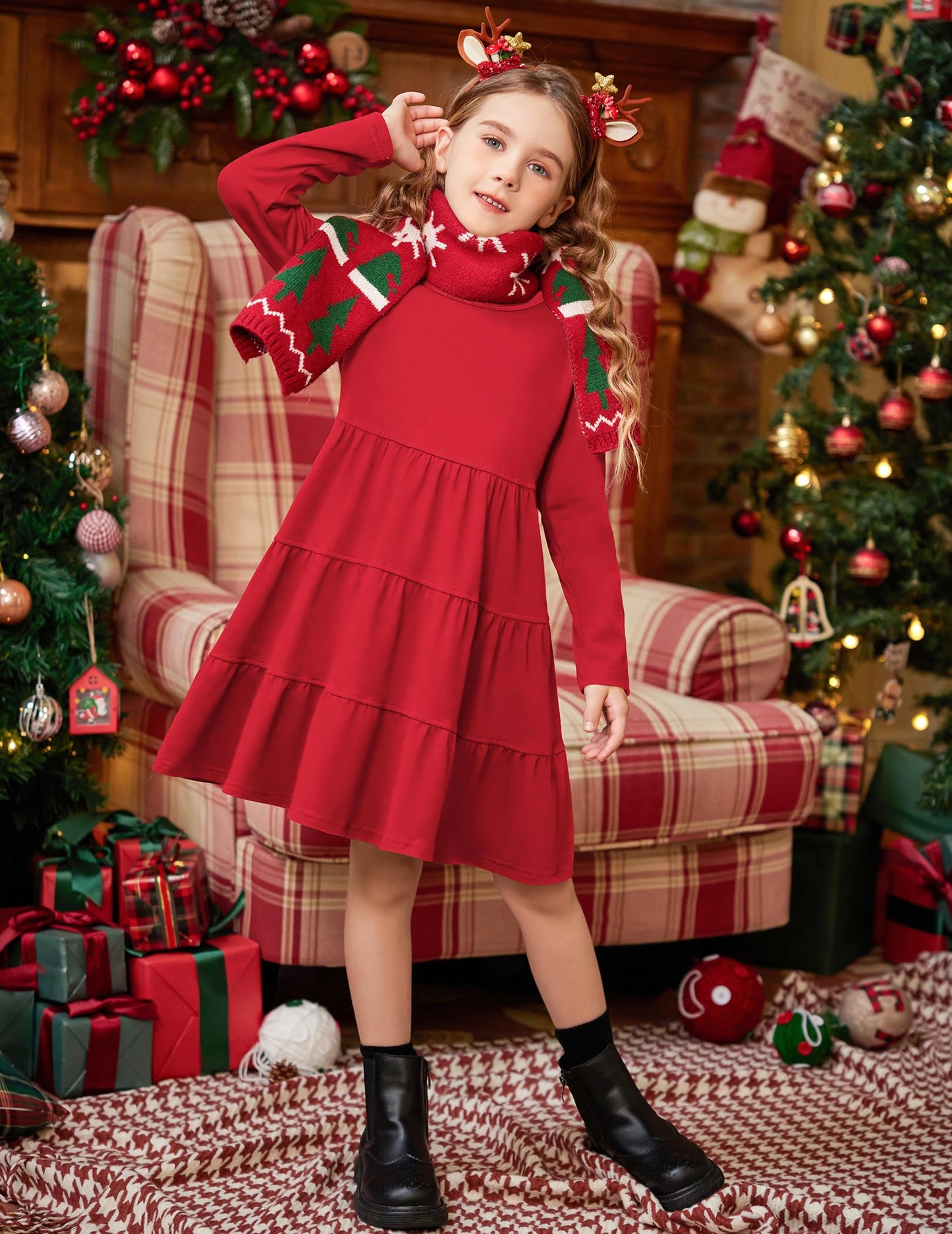 Arshiner Girls Long Sleeve Dress Fall Cotton Crewneck Tiered Ruffle Swing Solid Casual Midi Dresses Red 6 Years