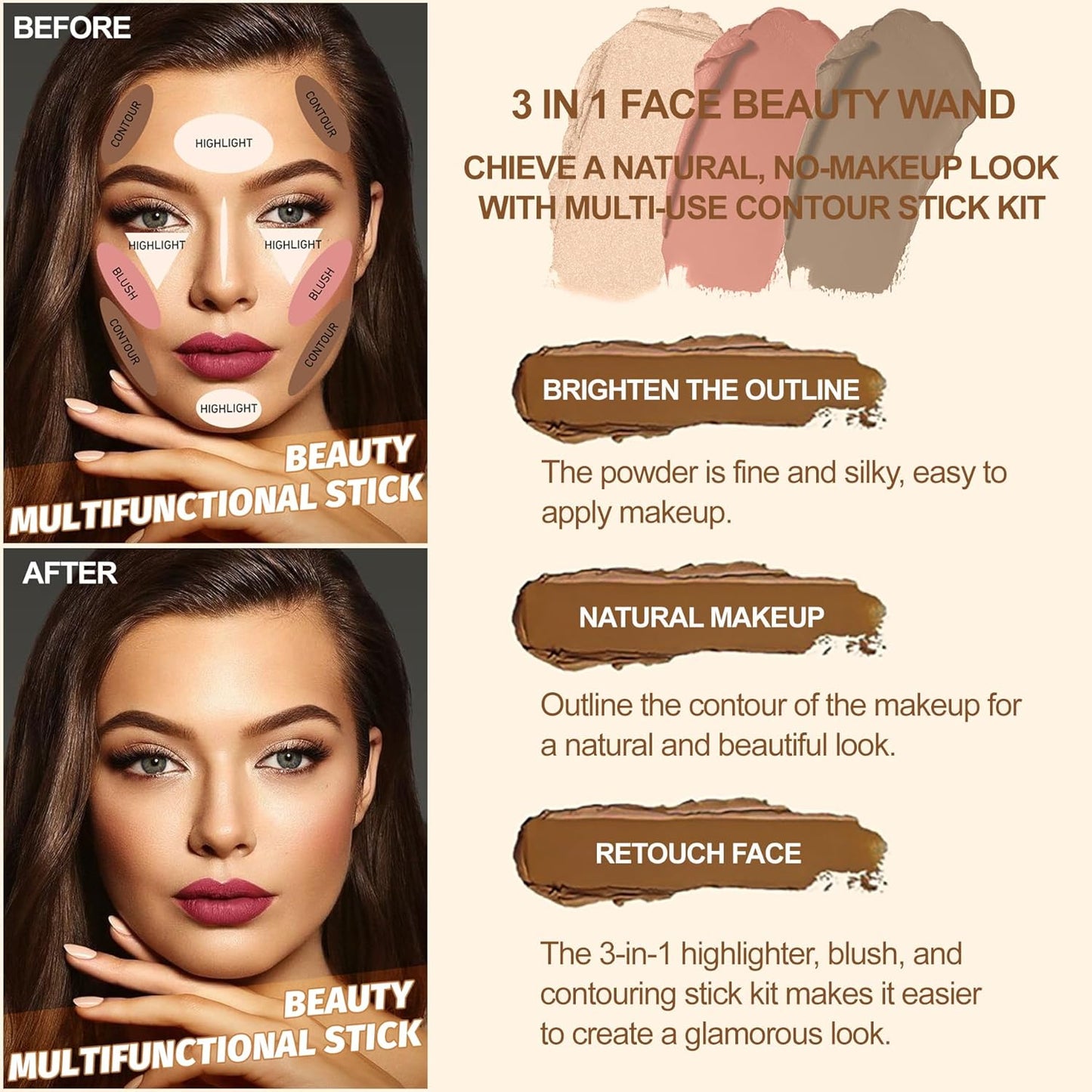 Lezero 3Pcs Contour Stick Makeup Kit, Shades with Highlighter, Blush and Bronzer Stick for Sculpt the Face and All Skin Type, Long Lasting, Smooth, Dewy & Matte Finish, LIGHT