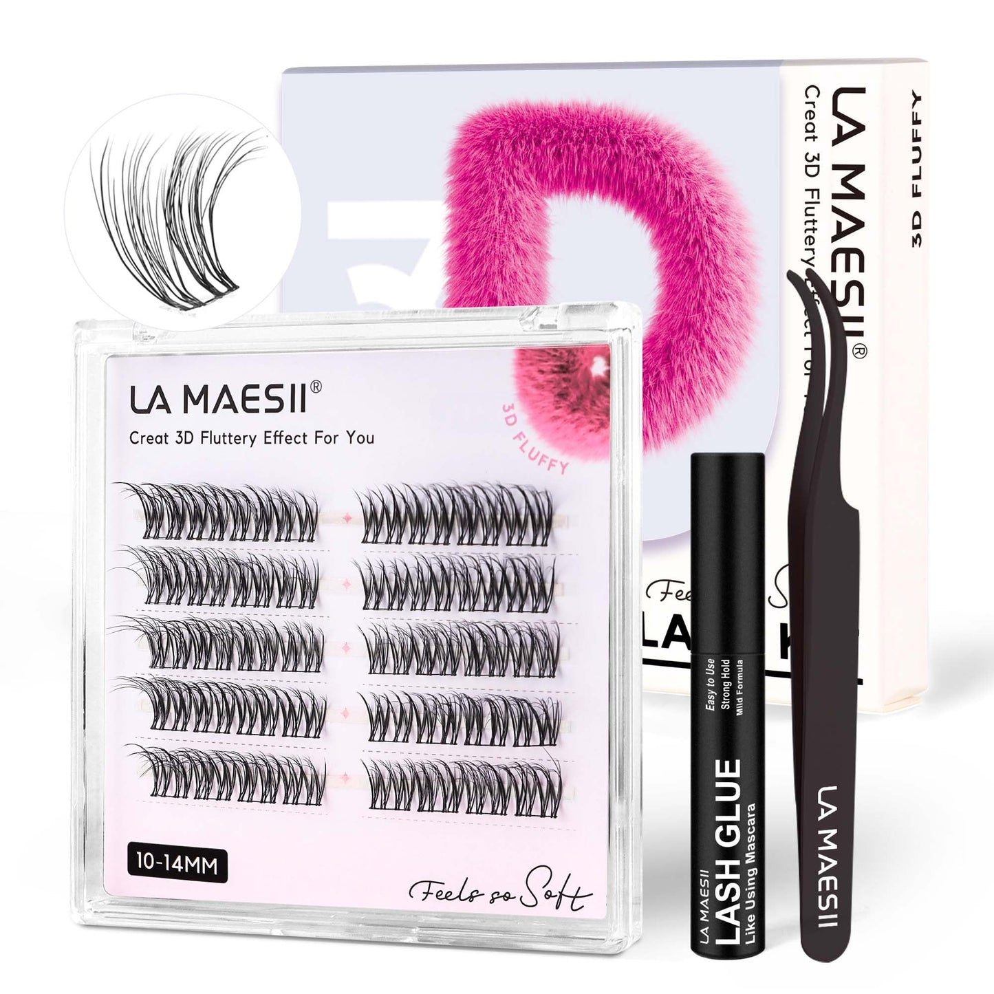 LA MAESII Lash Clusters, 3D Cluster Eyelash Extensions Fluffy DIY Cluster Lashes Wispy Natural Eyelash Clusters, 10-14mm Multi-layer Individual Lashes Soft Thin&Wide Band Reusable (3D-46)