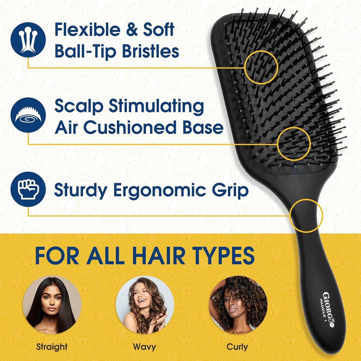 Giorgio Detangling Paddle Brush - Large Anti-Static Hair Care Tool with Tourmaline Bristles - Black