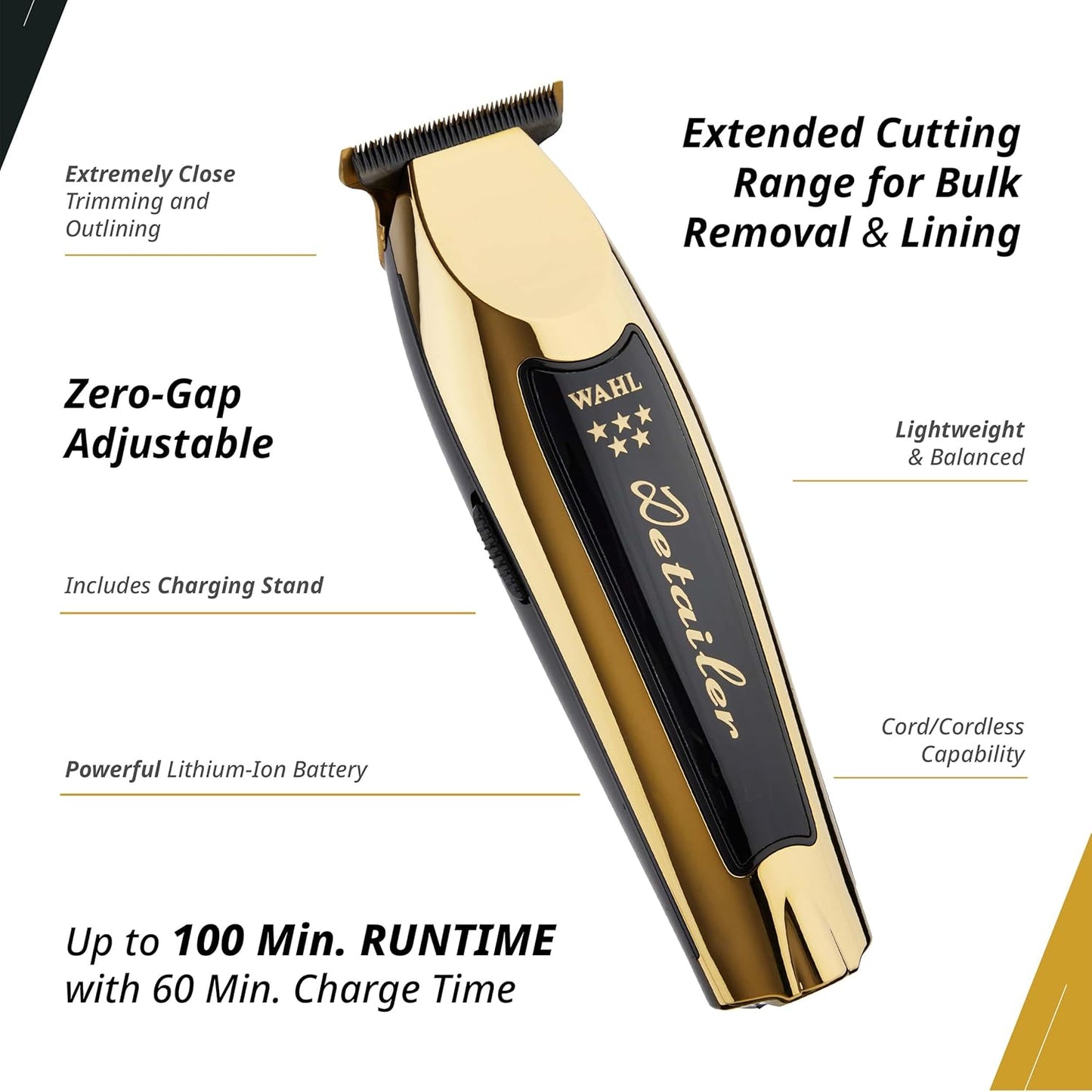 Wahl Professional 5 Star Cordless Detailer Li Trimmer - T Wide Blade, 100 Min Runtime, Charging Stand
